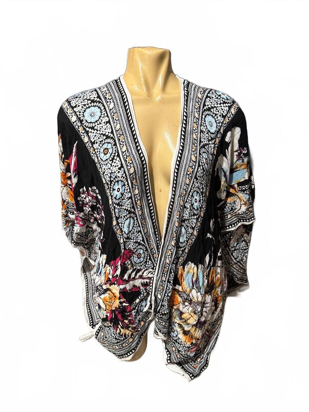 Nine West Floral Black Rayon Kimono Cardigan